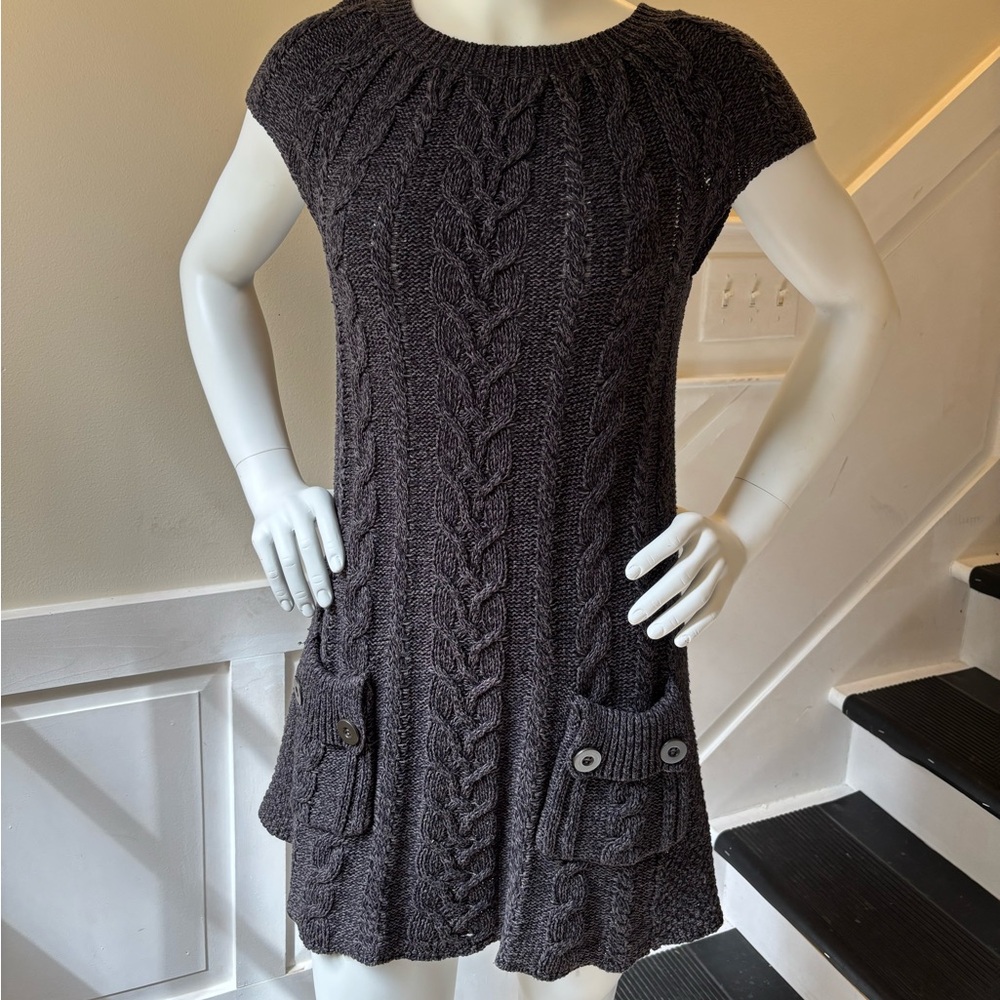 Gray Cable Knit Cap Sleeve Sweater Dress